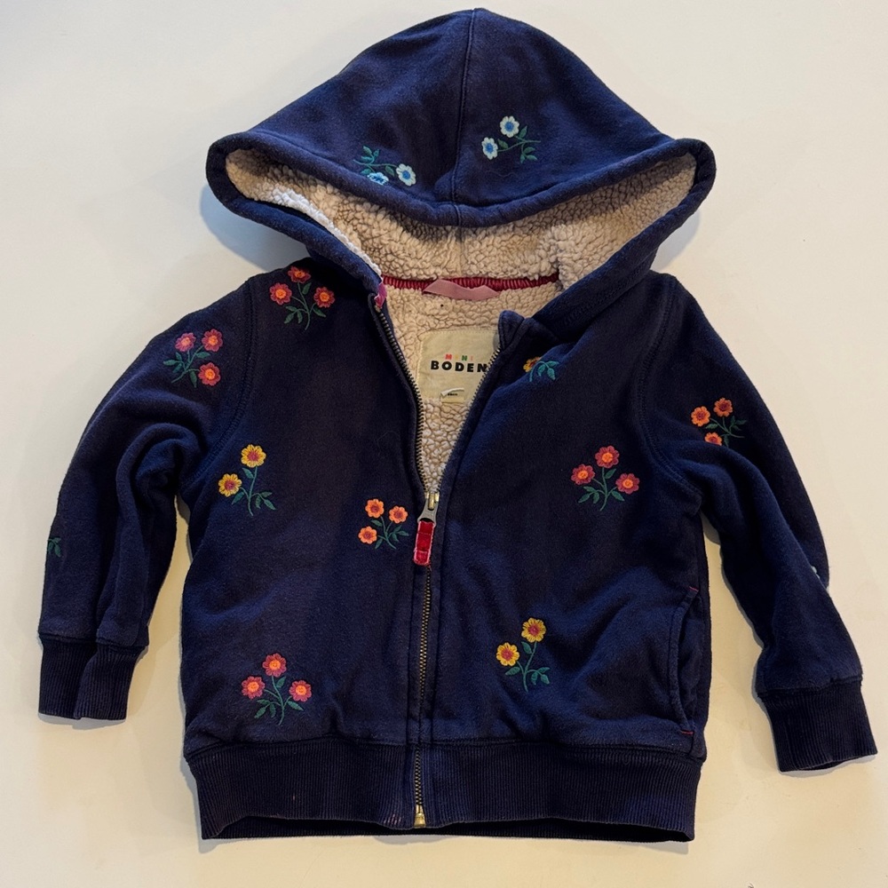 Mini Boden Navy Hoodie with Floral Embroidery 2-3Y